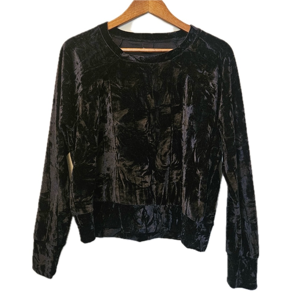 Free Press Shirt Womens M‎ Black Velvet Crew Neck Long Sleeve Relaxed Fit
